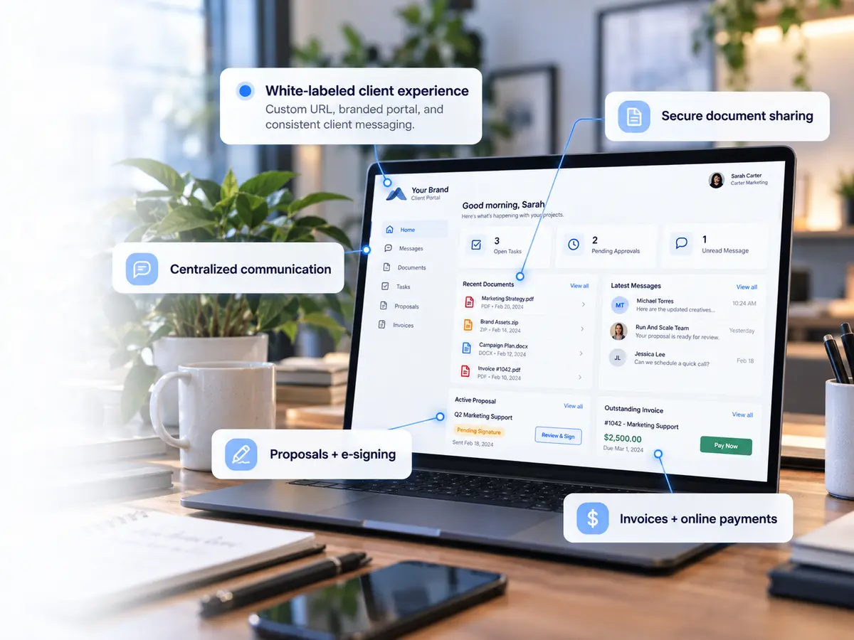 A branded SuiteDash client portal showing documents, communication, proposals, and invoices in one place.